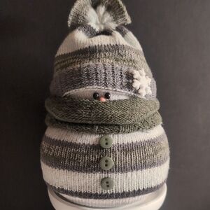 Striped Gray and Green Snowman Plush